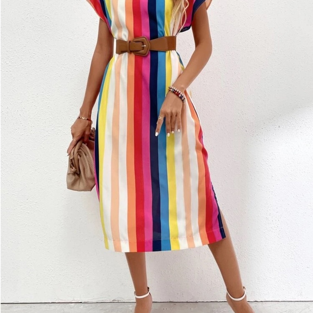 SHEIN Batwing Sleeve Multicolor Striped  Dress with Belt Like New